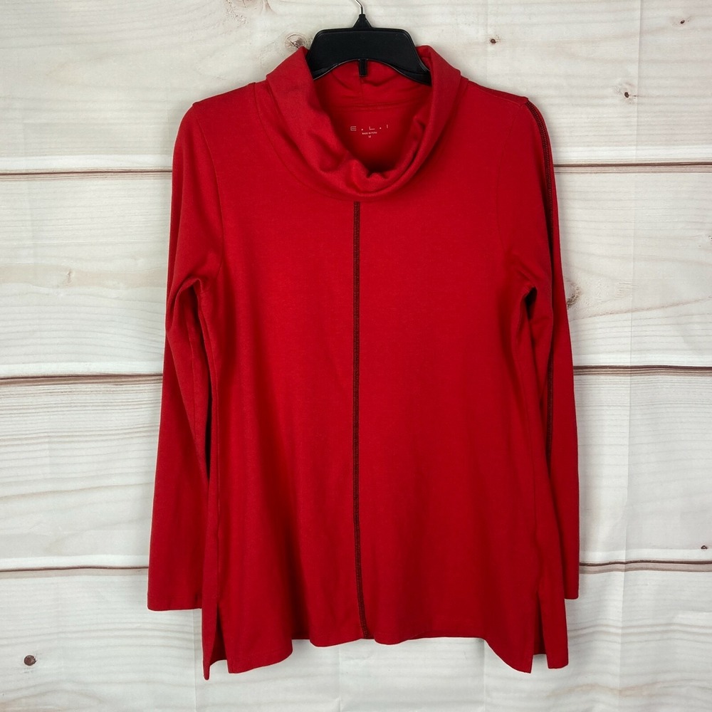 ELI Top Womens M Red Pima Cotton Turtleneck Tunic Long Sleeve Knit Pullover